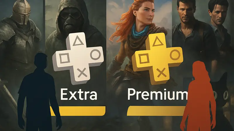 Логотипы PS Plus Extra и Premium на фоне обложек новых игр PlayStation