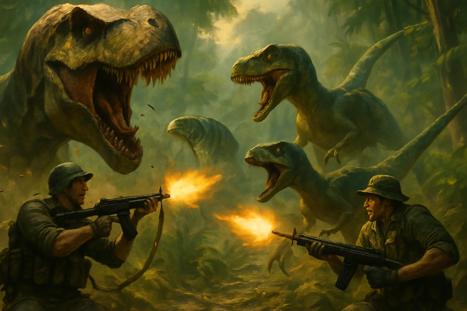 Постер или сцена из фильма «Primitive War 2», демонстрирующая динамичные столкновения с динозаврами.