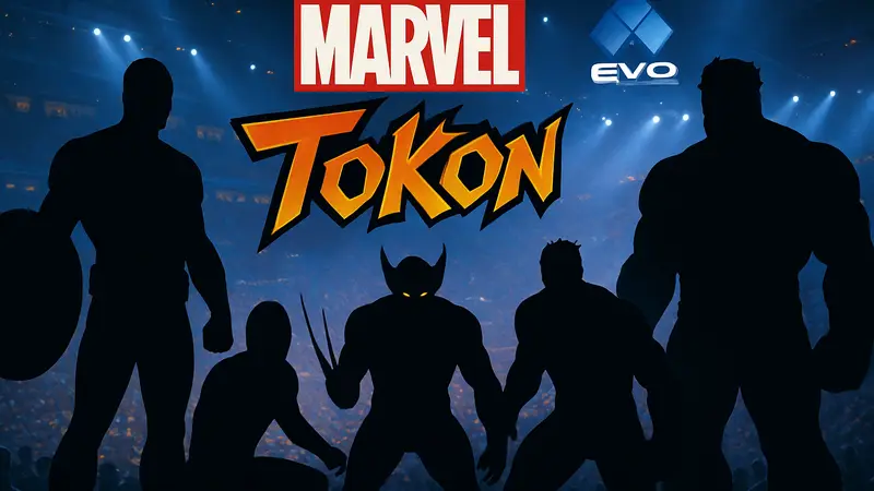 Логотип игры Marvel Tokon с персонажами Marvel на фоне турнира EVO Japan