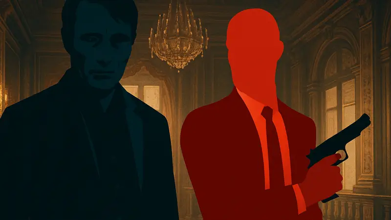 Агент 47 с пистолетом на фоне Ле Шиффра, персонажа из игры Hitman.