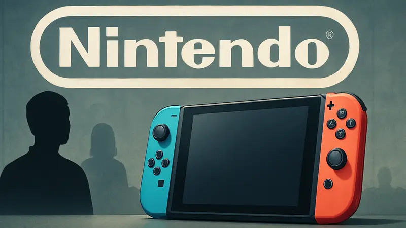 Игровая консоль Nintendo Switch на фоне логотипа Nintendo.