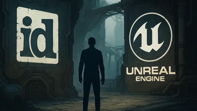 Логотип id Software на фоне движка id Tech и Unreal Engine, символизирующий возможный переход на Unreal Engine.