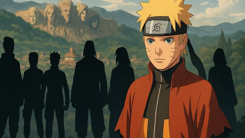 Наруто Узумаки в режиме Отшельника с другими персонажами Naruto Shippuden на фоне