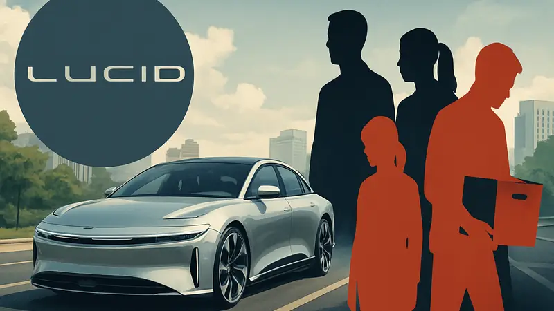 Электромобиль Lucid Air на дороге, логотип Lucid Motors, сокращение рабочих мест.
