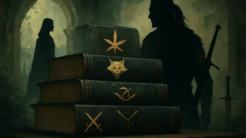 Стопка книг в жанре фэнтези, с символами магии и мечей, отсылающими к Ведьмаку и Игре престолов.
