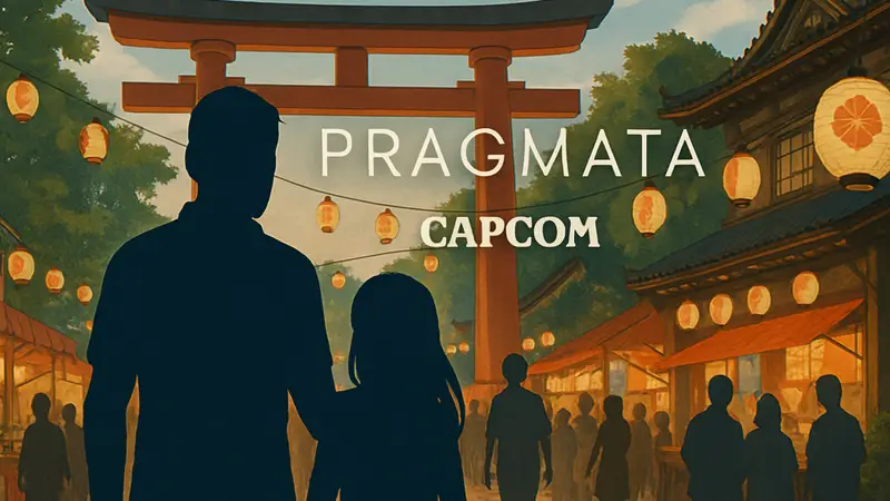 Логотип игры Pragmata и Capcom на фоне японских празднований.