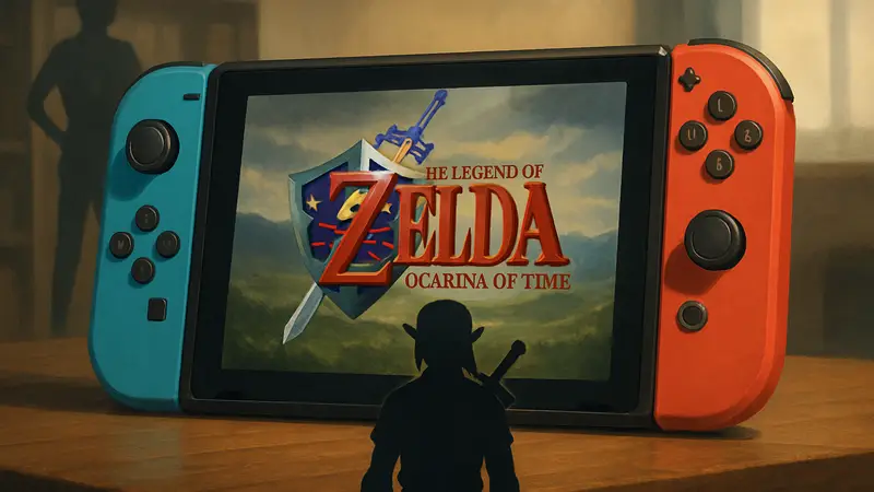 Логотип The Legend of Zelda Ocarina of Time на фоне Nintendo Switch