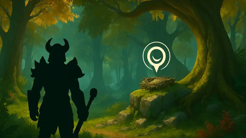 Игровой скриншот из World of Warcraft с указанием места тайника "Гнездовье" в лесу.