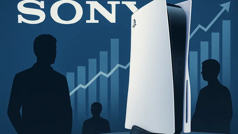 Игровая консоль PlayStation 5 на фоне логотипов Sony и диаграмм продаж