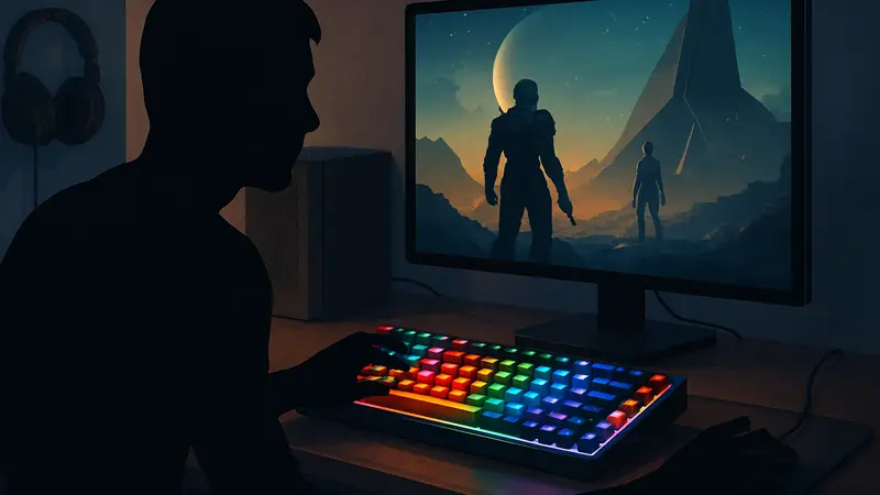 Игровая клавиатура MelGeek Centauri80 Hall Effect на столе геймера, подсвеченная RGB
