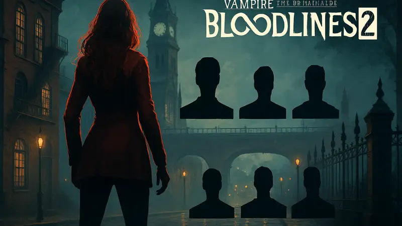 Обновленная дорожная карта Vampire The Masquerade Bloodlines 2, логотип игры и даты релизов дополнений до 2026 года.