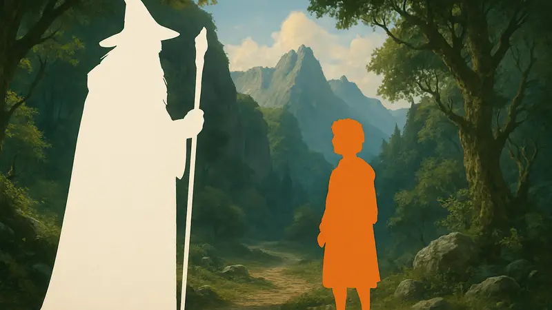 Иэн Маккеллен в роли Гэндальфа и Элайджа Вуд в роли Фродо из «Властелина колец: Охота за Голлумом»