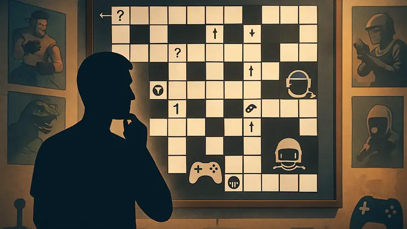 Игровой кроссворд Game Rant с ячейками и вопросами, символизирующий головоломки и видеоигры.