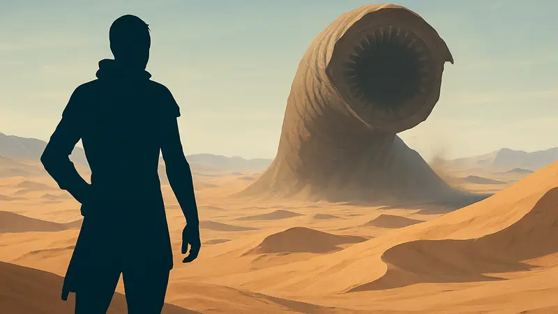 Игровой скриншот Dune Awakening: персонаж на фоне бескрайних пустынь Арракиса, огромный червь вдалеке.