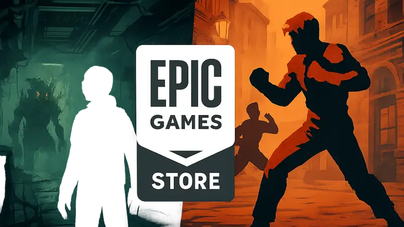 Логотип Epic Games Store с изображениями игр жанров техно-хоррор и битэмап.
