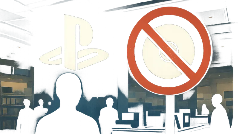 Изображение логотипа PlayStation и знака 'стоп', символизирующего прекращение производства дисков.