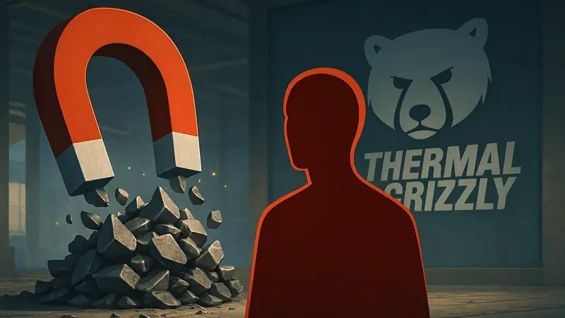 Магнит, притягивающийся к поддельному металлу, и логотип Thermal Grizzly на фоне