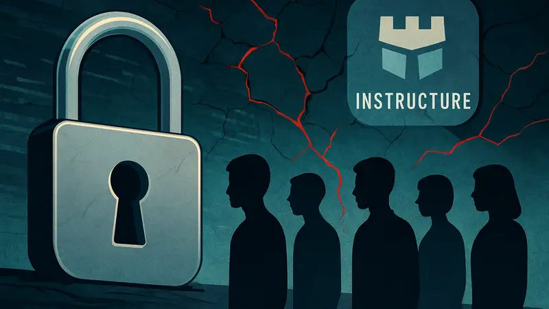 Изображение замка и данных студентов, логотип Instructure на фоне взломанной системы.