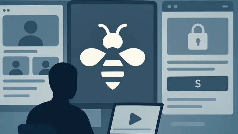 Логотип Beehiiv на фоне интерфейса с новыми функциями для вебинаров и платного доступа.