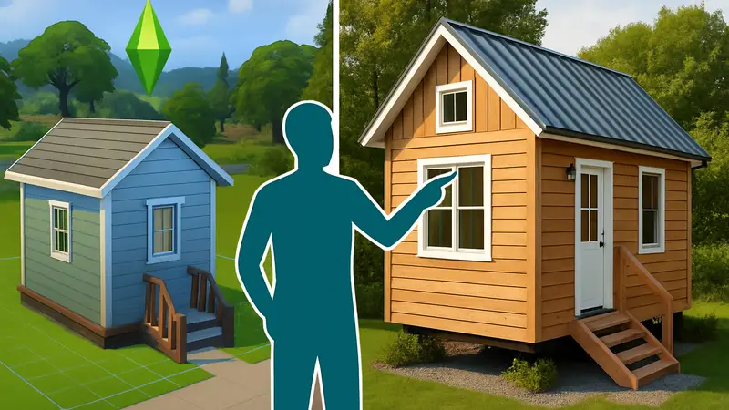 Сравнение скриншота из The Sims 4 Build Mode и фотографии реального маленького дома.