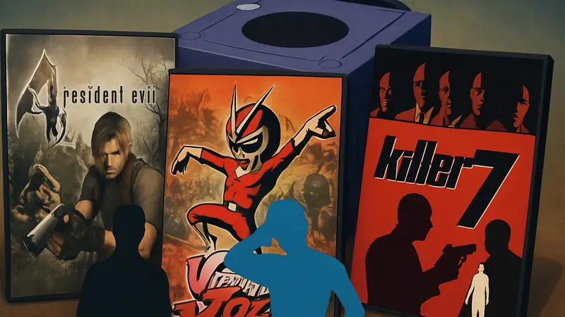 Коллаж из обложек игр Capcom Five: Resident Evil 4, Viewtiful Joe, Killer7 на фоне Nintendo GameCube.