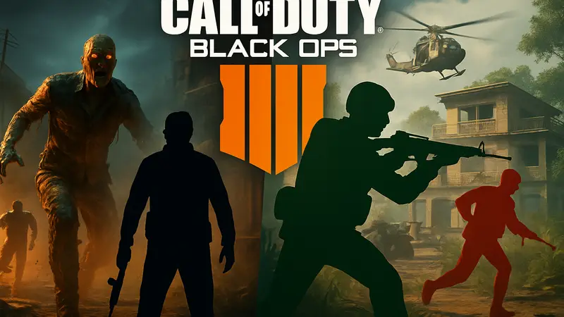 Логотип Call of Duty Black Ops на фоне игрового процесса с зомби и мультиплеером, подтвержденные режимы.