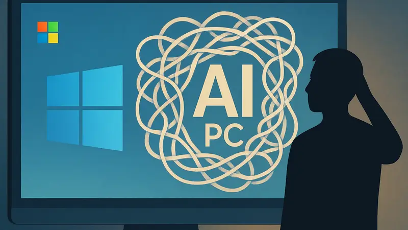Запутанный брендинг Microsoft AI PC на фоне экрана Windows, вызывающий вопросы у пользователей.