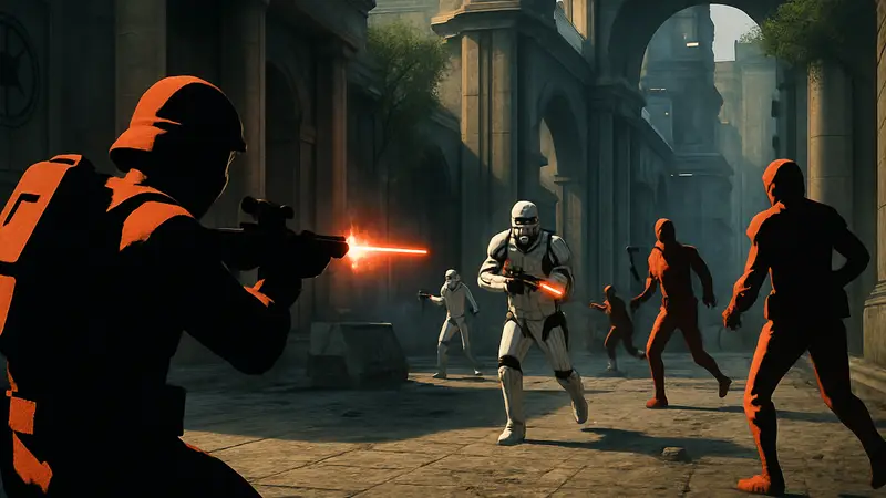Скриншот игры Star Wars: First Assault, штурмовики и повстанцы в бою на ПК
