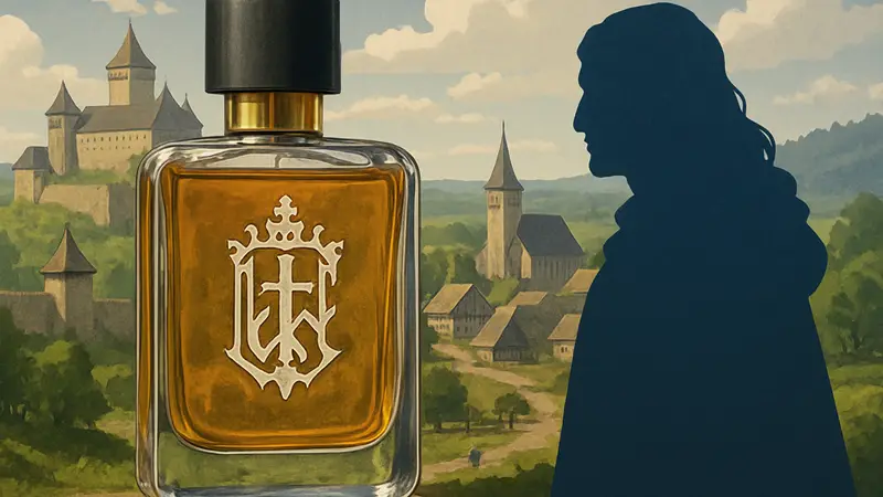 Флакон парфюма Kingdom Come Deliverance на фоне средневекового пейзажа.