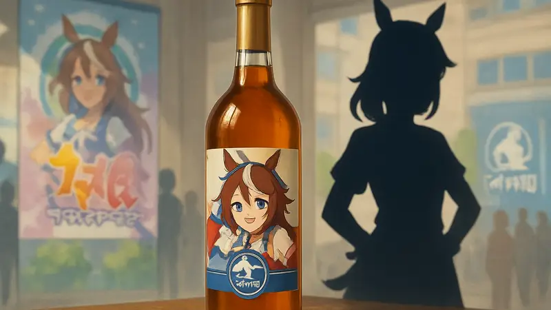 Бутылка медовухи «Umamusume Tokai Teio», этикетка с аниме-персонажем и логотипом игры.