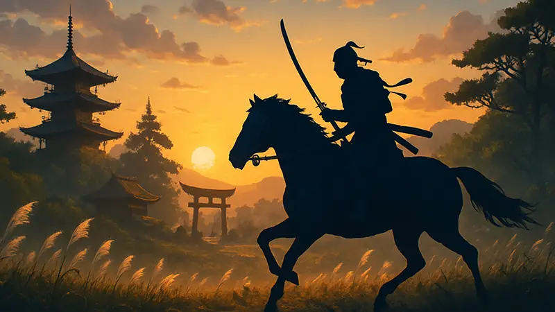 Дзин Сакай из Ghost of Tsushima скачет на коне на фоне самурайских пейзажей острова Цусима на закате.