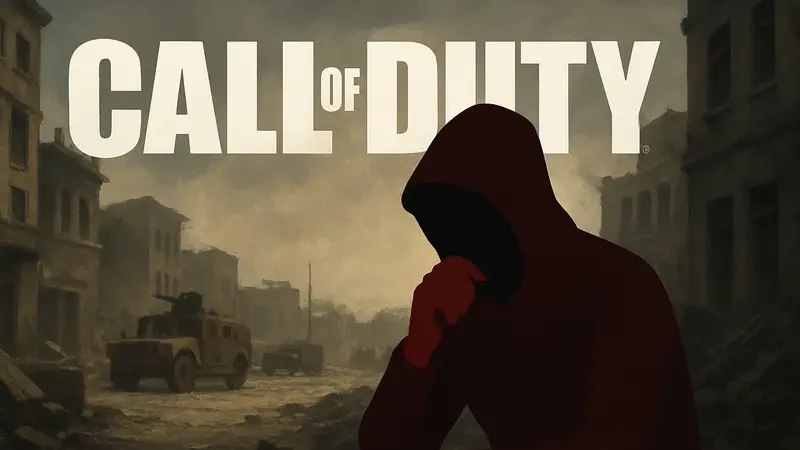 Логотип Call of Duty на фоне человека, скрывающегося в тени, символизирующий инсайдера. Борьба с утечками CoD.