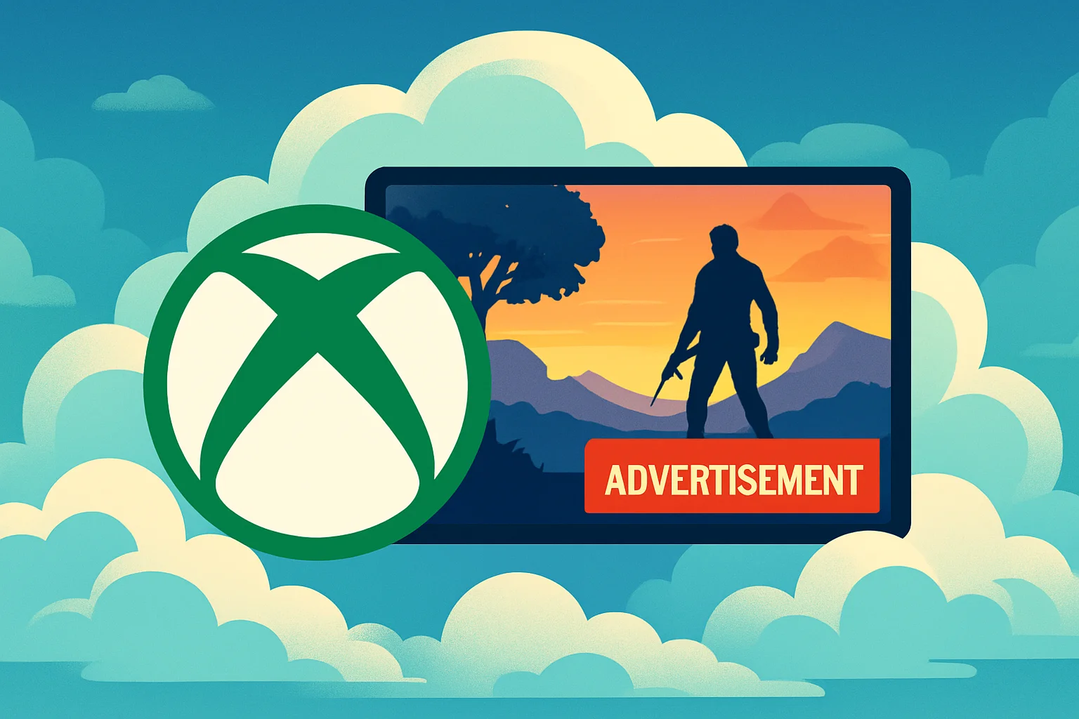 Логотип Xbox на фоне облачного сервиса с рекламным объявлением, наложенным на экран игры.