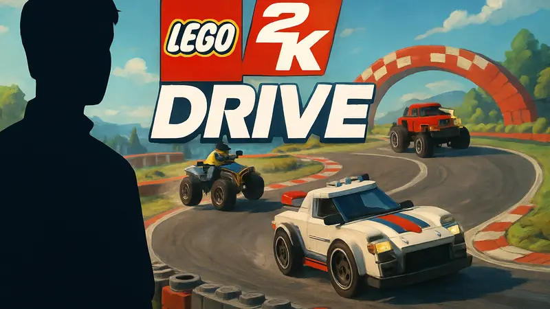 Логотип LEGO 2K Drive на фоне гоночного трека с машинками из LEGO