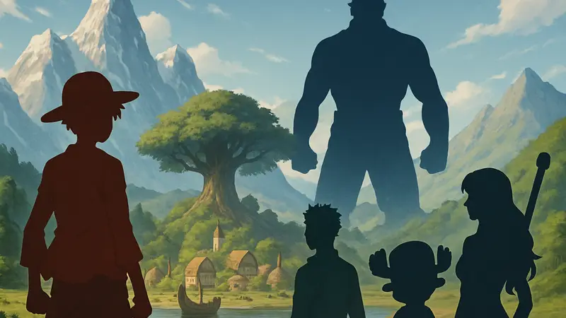 Луффи и другие персонажи One Piece на фоне острова Элбаф, с силуэтом нового пользователя Дьявольского фрукта.