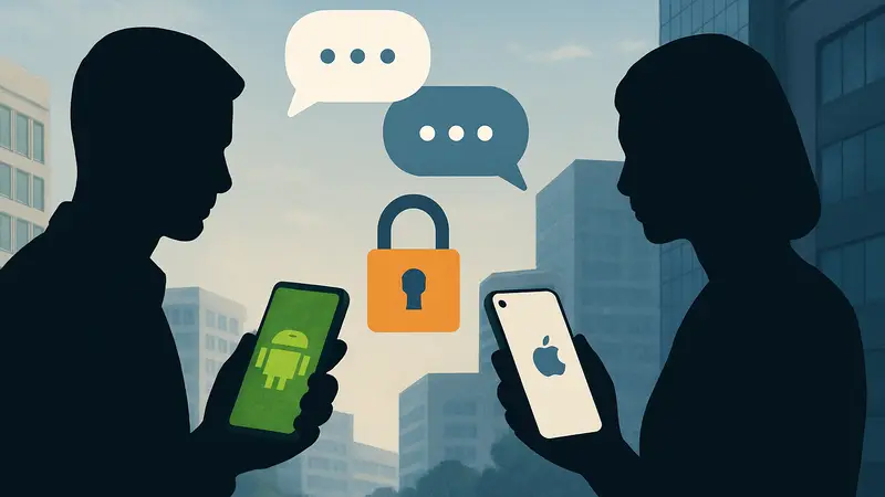 Изображение, демонстрирующее зашифрованные сообщения между смартфонами Android и iPhone.