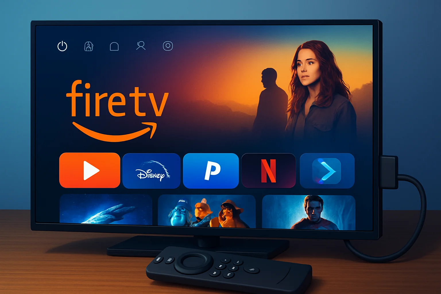 Изображение Amazon Fire TV Stick 4K Plus, подключенного к телевизору, демонстрирующее новый интерфейс Fire TV OS.