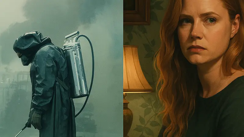 Кадры из драматических мини-сериалов "Чернобыль" и "Острые предметы", демонстрирующие их мощь.