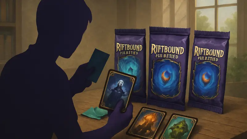 Бустеры Riftbound Unleashed, открытие карточных паков, коллекционная карточная игра, редкие карты