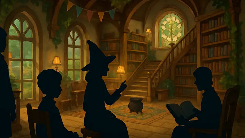 Кадр из игры Songs of Glimmerwick, показывающий уютную атмосферу волшебной школы.