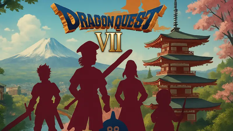 Обложка игры Dragon Quest 7 Reimagined с популярными персонажами на фоне японского пейзажа или символов.