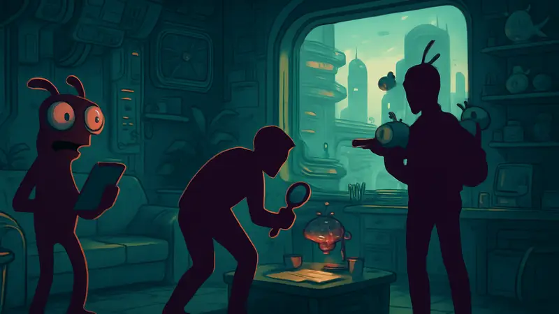 Персонажи High on Life 2 в футуристической квартире, ищущие подсказки.