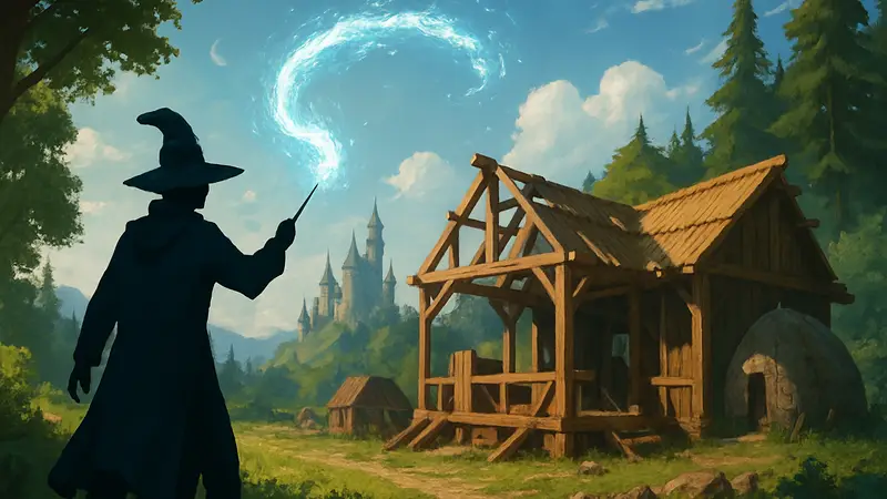 Игровой скриншот Witchspire с магическими эффектами, персонажем в волшебном мире и элементами строительства.