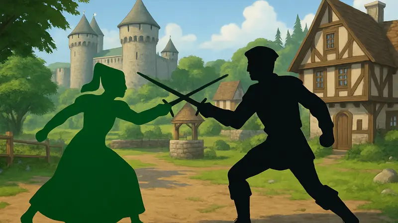 Кадр из геймплея Sims 4 DLC «Сквозь века», симы в средневековых костюмах, возможно, участвующие в дуэли.