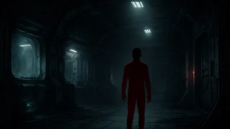 Хоррор Routine: изображение заброшенной космической станции с призрачным светом и тёмными коридорами.