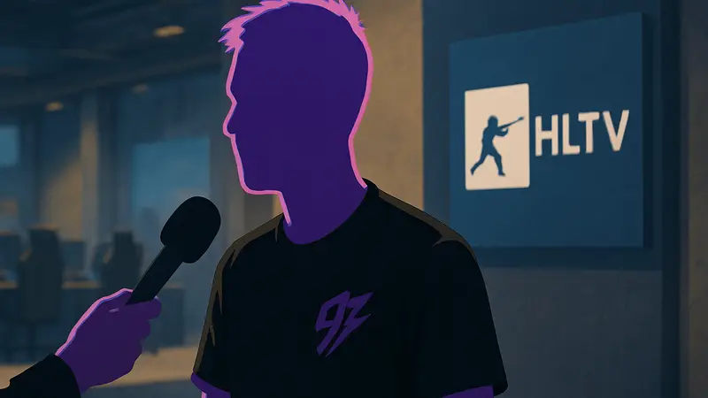 Киберспортсмен max из команды 9z даёт интервью о luchov на фоне логотипа HLTV.