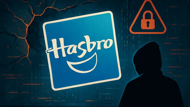 Логотип Hasbro на фоне символов кибератаки или взлома данных.
