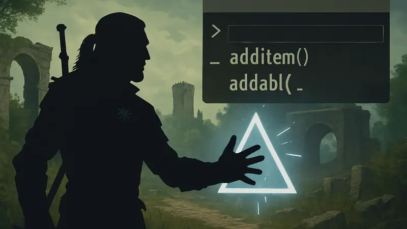 Геральт из Ривии, главный герой игры The Witcher 3, использует магический знак Аард, на фоне которого виден интерфейс консольной команды.