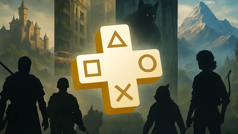 Логотип PlayStation Plus на фоне игр, символизирующих будущие подборки.