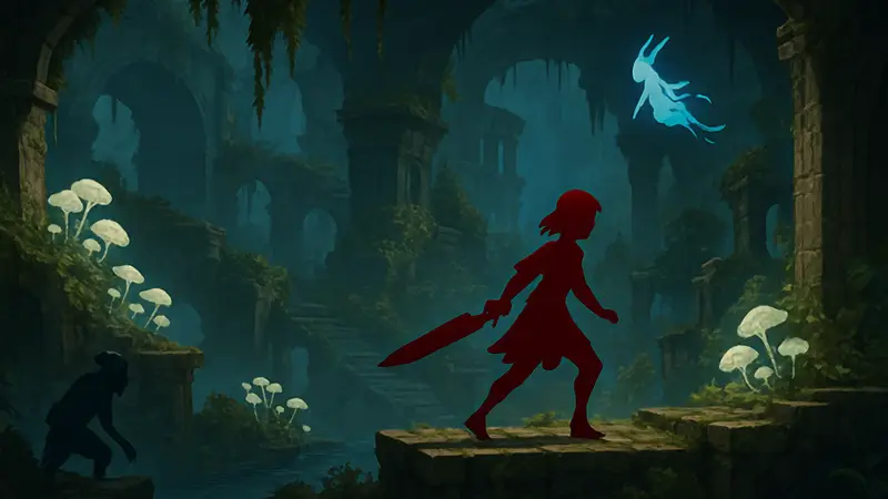 Скриншот из игры At Fate's End, демонстрирующий метроидвания-геймплей и уникальный стиль.